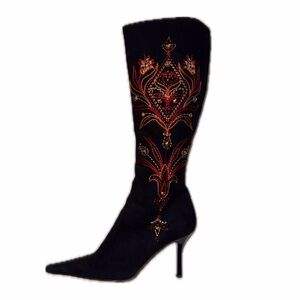 St. John Black Suede Leather Knee High Pointed Toe Embroidered Heeled Boots, 9 B
